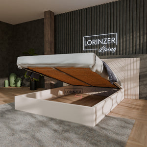 Soft Velvet Neutral Upholstered Hotel Bed Frame with Ottoman Storage Lorinzer Living