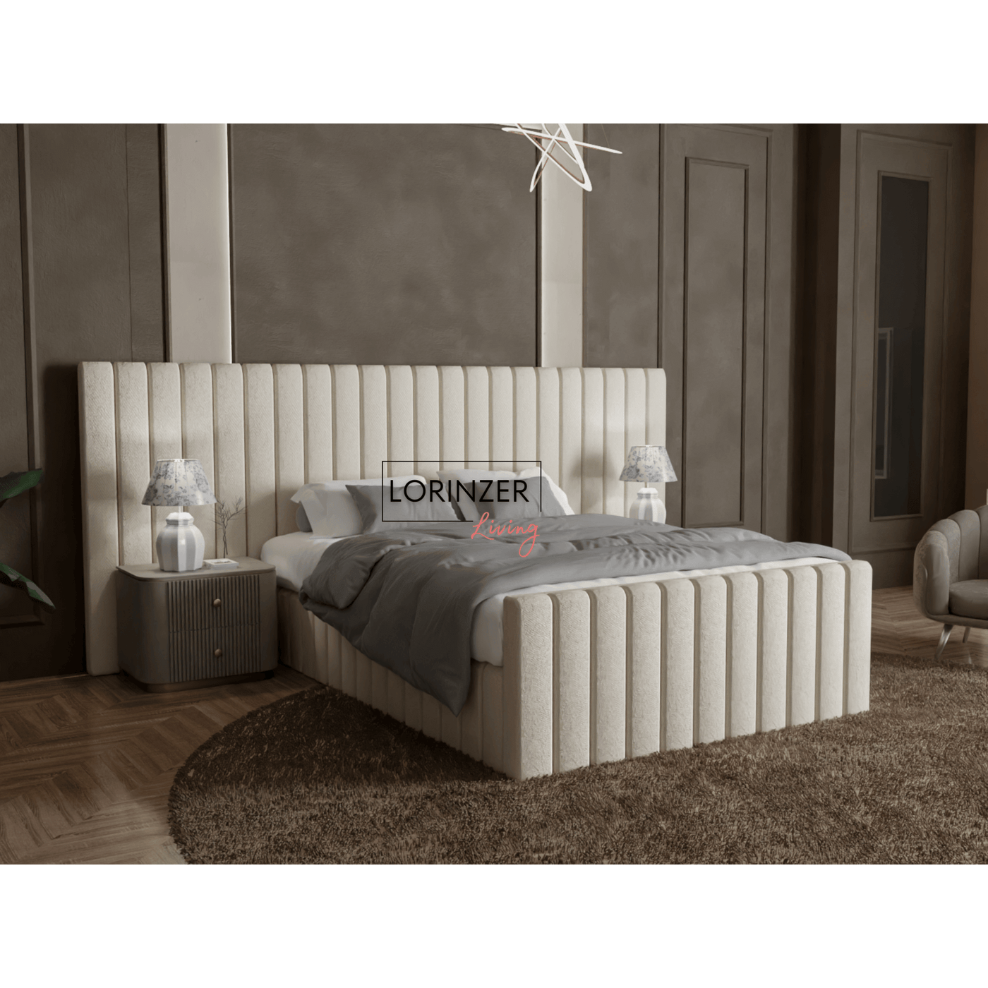 Hotel bed, wide extended headboard, ottoman bed, cream bed