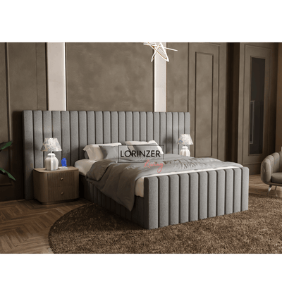 Hotel bed, wide extended headboard, ottoman bed, cream bed