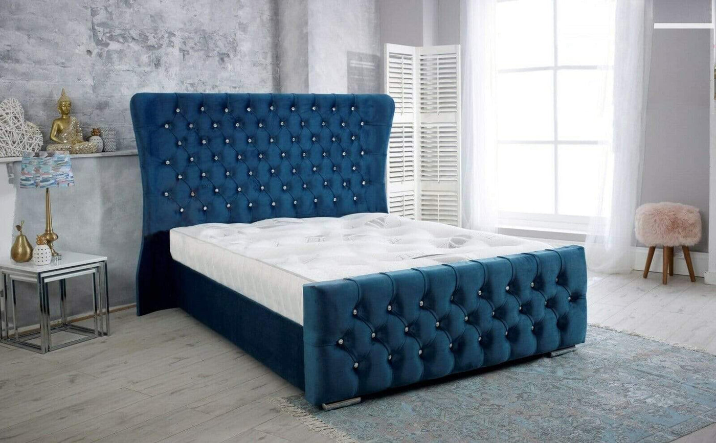 Zeta Blue Plush Fabric Wing back Bed Frame