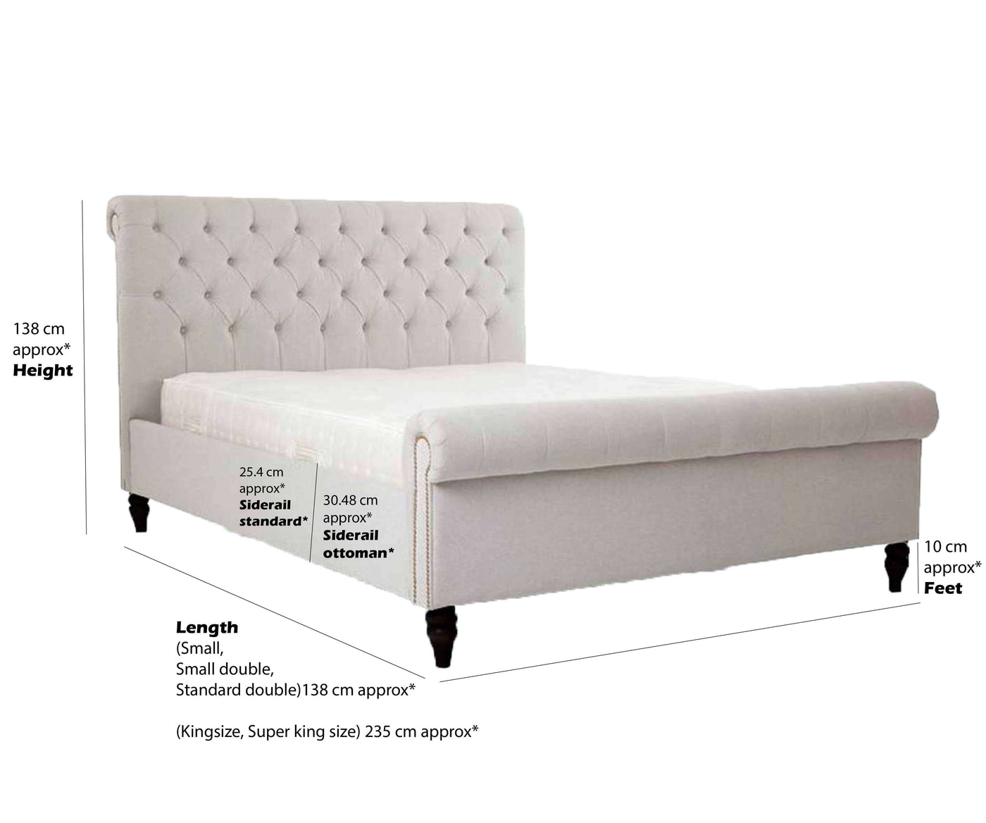 Elijah chrome studded cream naple sleigh bed frame